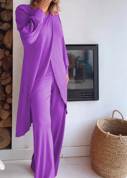 Round Neck Long Cardigan and Trousers Suit purple