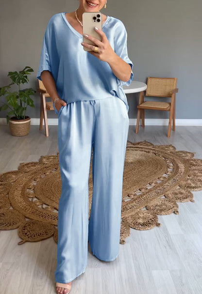 V-neck Satin Two-piece Suit light blue