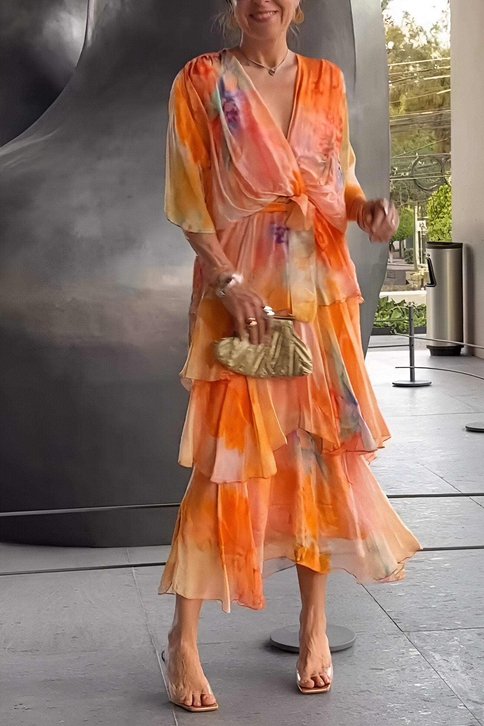 Stylish and elegant printed chiffon dress Orange