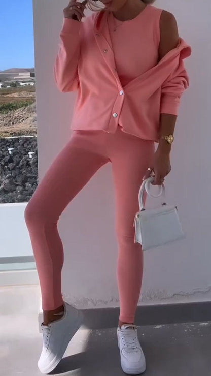 Hooded Cardigan Sweatshirt Three-piece Set pink