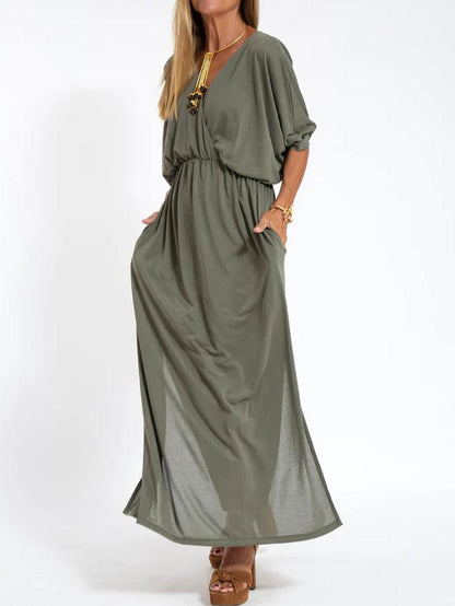 Women's Casual Solid Color V Neck Slit Dress Army Green