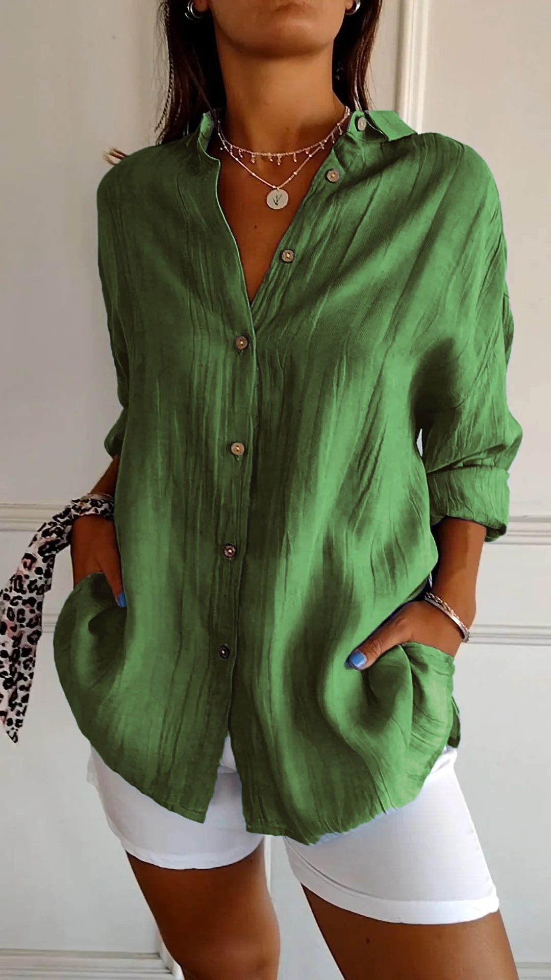 Single-breasted Pleated Lapel Shirt green