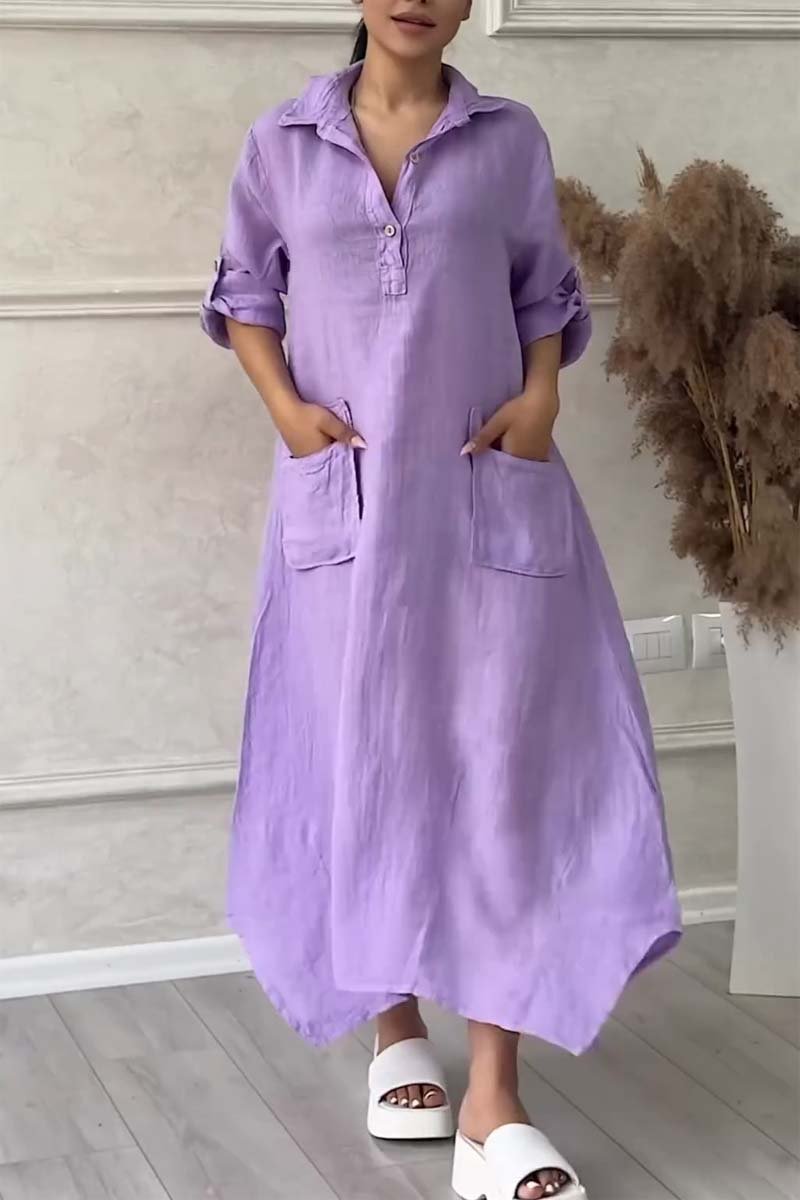 Half button lapel cotton and linen dress Purple