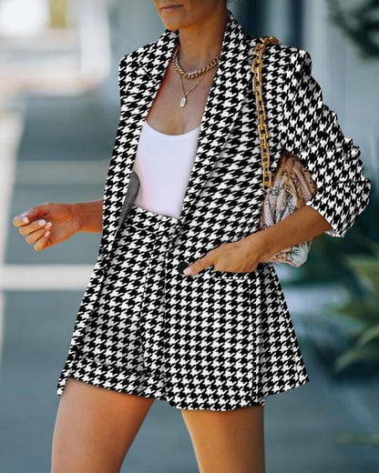 Women's Fashion Collar Open Front Blazer & Shorts Without Cami Top Houndstooth