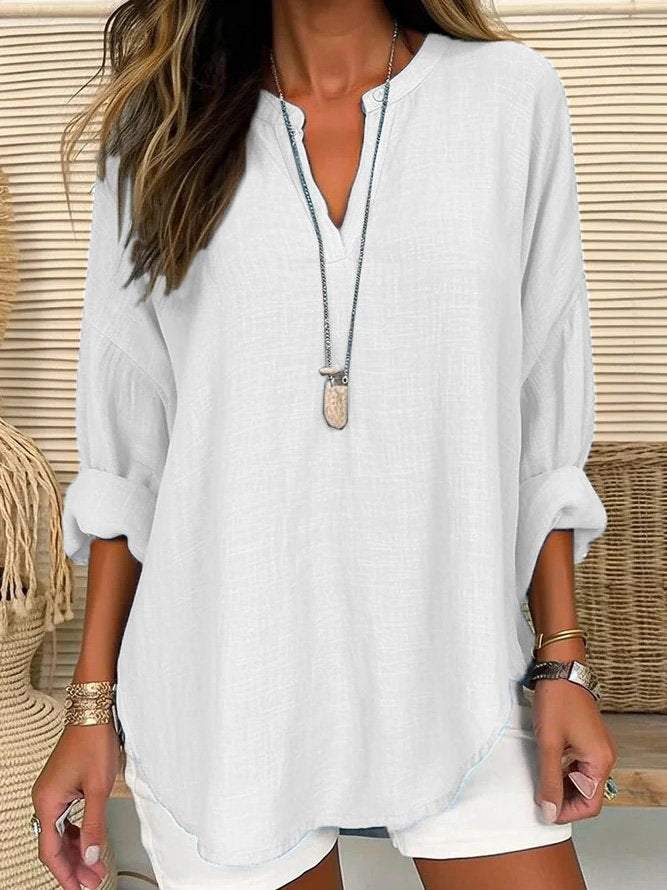 V Neck Long Sleeve Plain Regular Loose Shirt For Women White