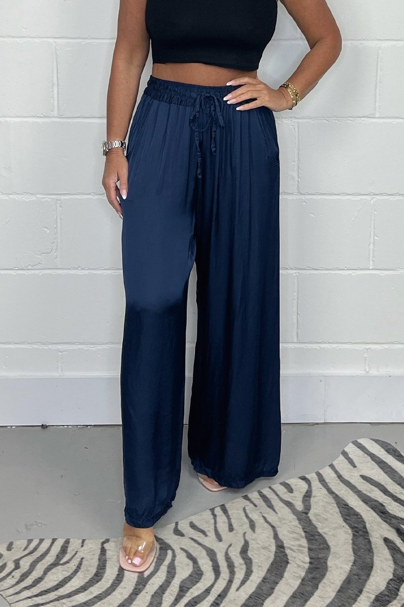 Satin lace-up elastic waist trousers Navy blue