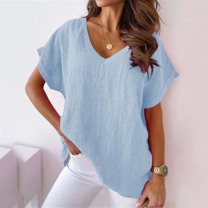 V-neck plain cotton linen T-shirt Blue