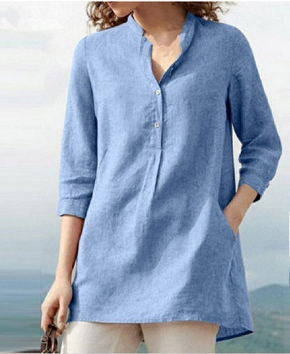 Solid color three-quarter sleeves stand-collar cotton and linen casual shirt Medium-blue