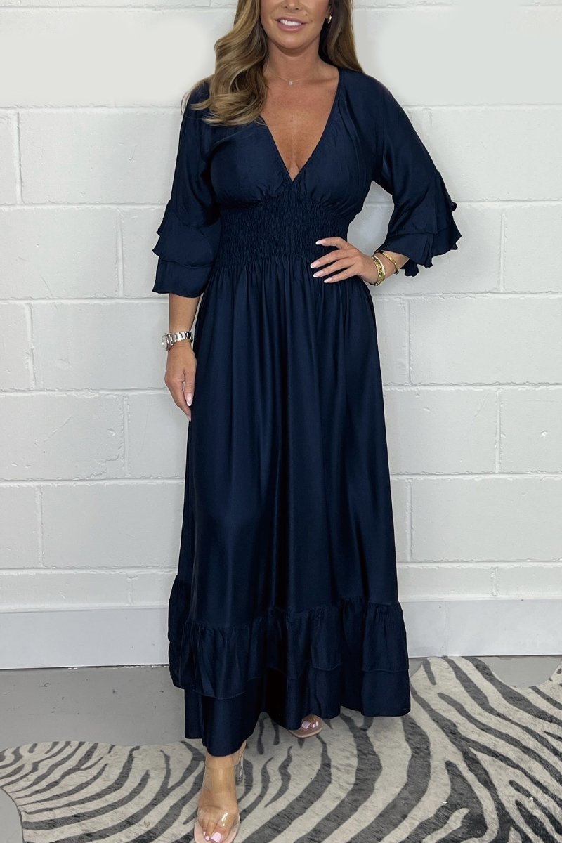 Satin ruffle maxi dress Navy blue