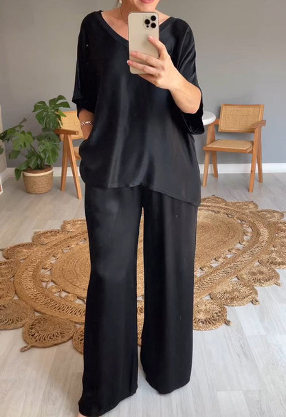 V-neck Satin Two-piece Suit black