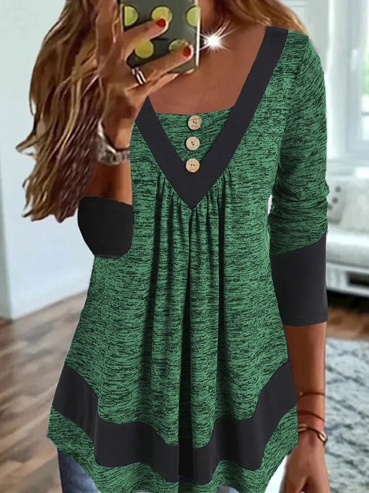 Casual V-neck loose pullover print women's T-shirt Green