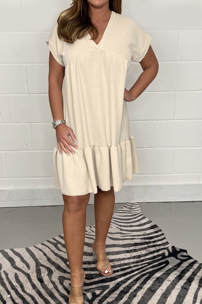 V-neck rolled sleeve dress Beige