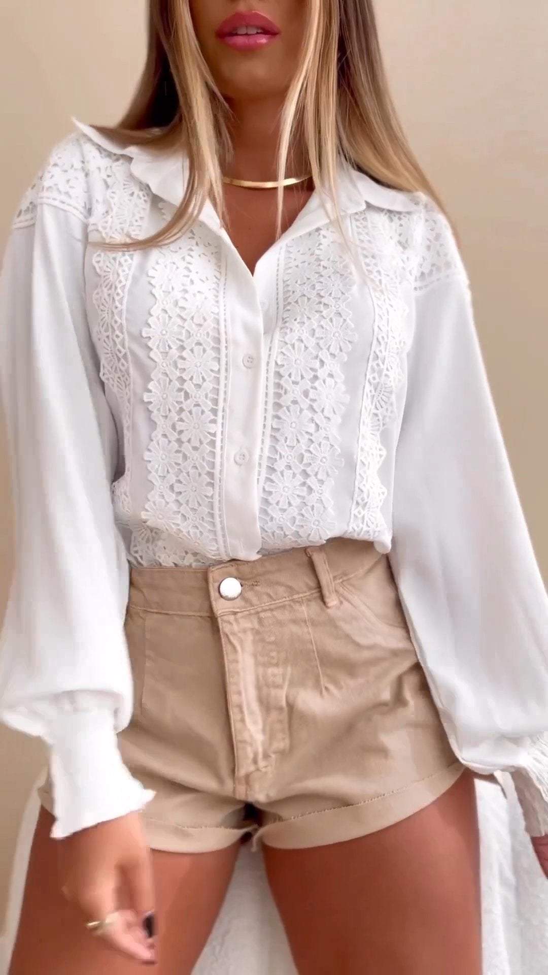 Ladies Lapel Long Sleeve Lace Stitching Shirt