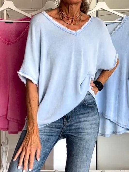 Casual V-neck Mid-sleeve Top Sky blue