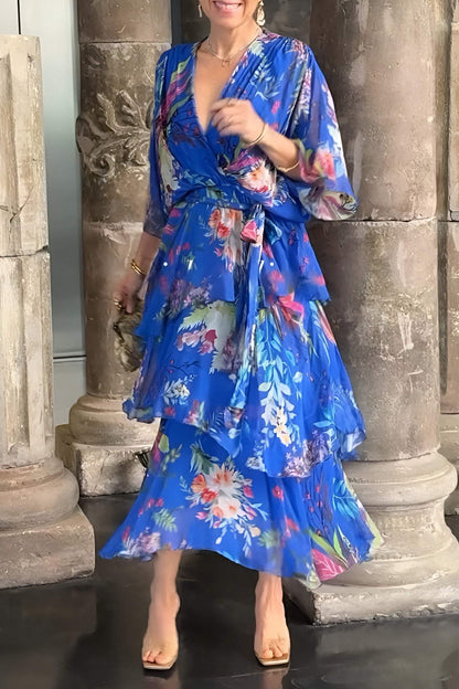 Stylish and elegant printed chiffon dress Blue