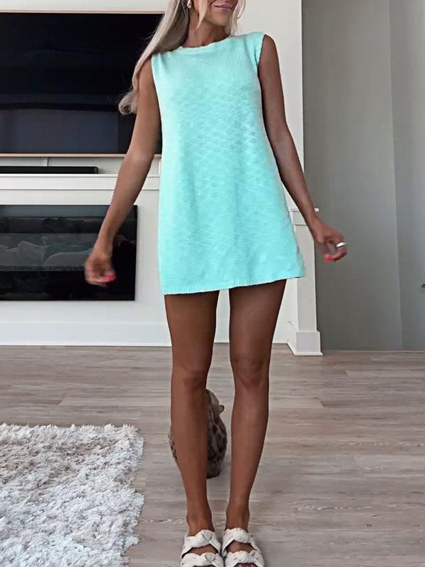 Solid Color Knitted Slit Top & Shorts Two-piece Set