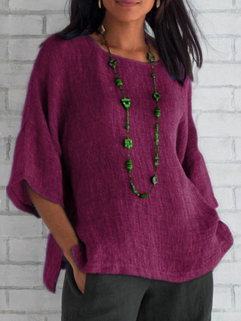 Fashion women's sleeve round neck cotton linen shirt purple