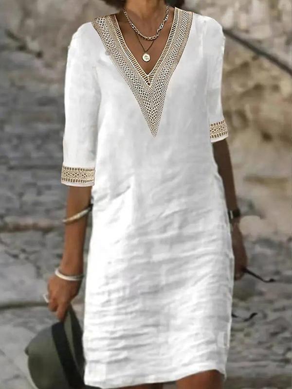 Solid Color V-neck Mid-sleeve Cotton and Linen Casual Dress White