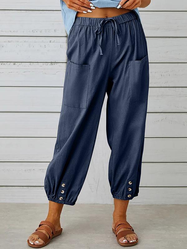 Women's pants High-waisted buttoned cotton hemp pants nine-point pants wide-legged Navy blue