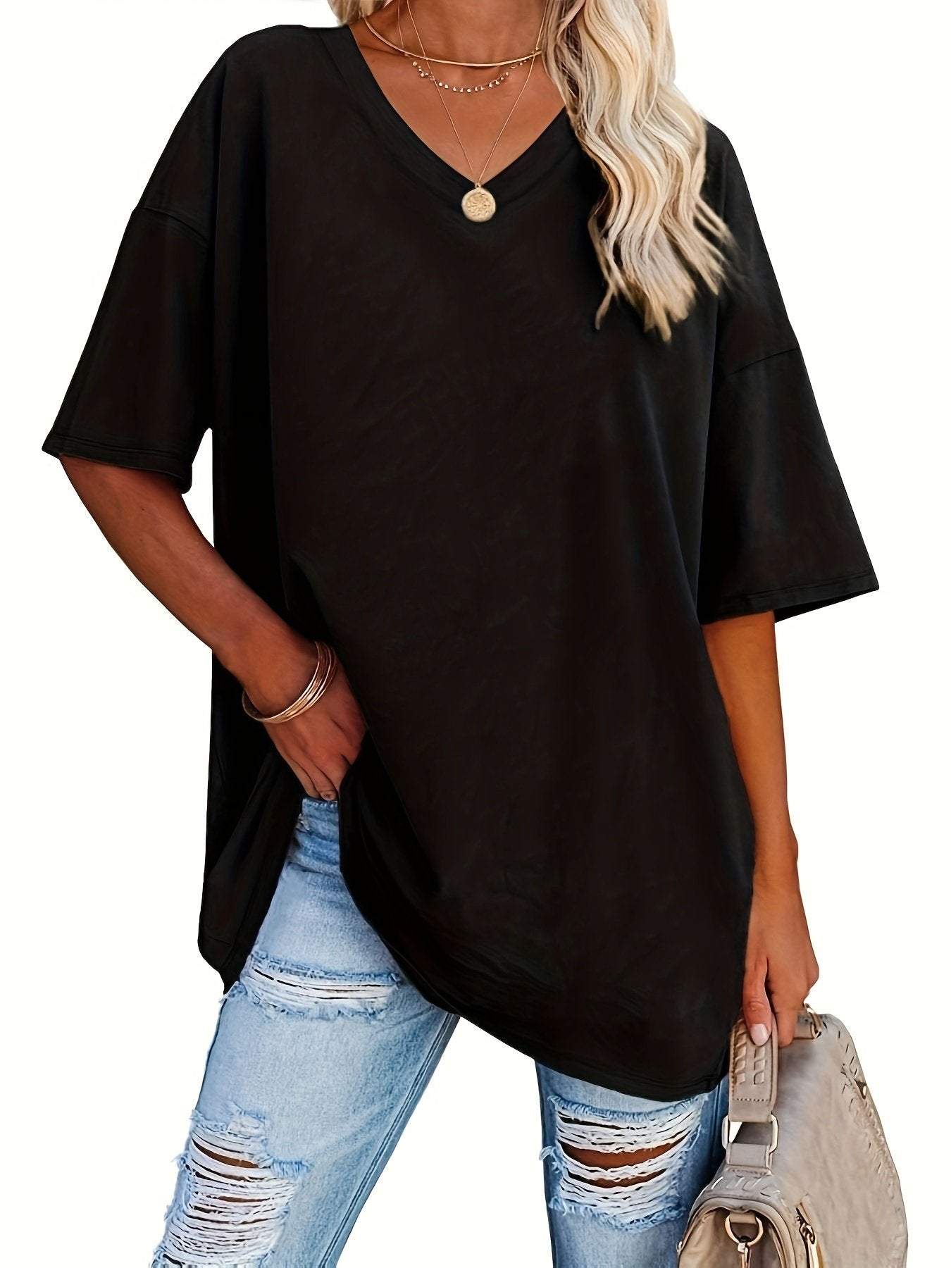 Solid V Neck T shirt Plus Size Casual Half Black