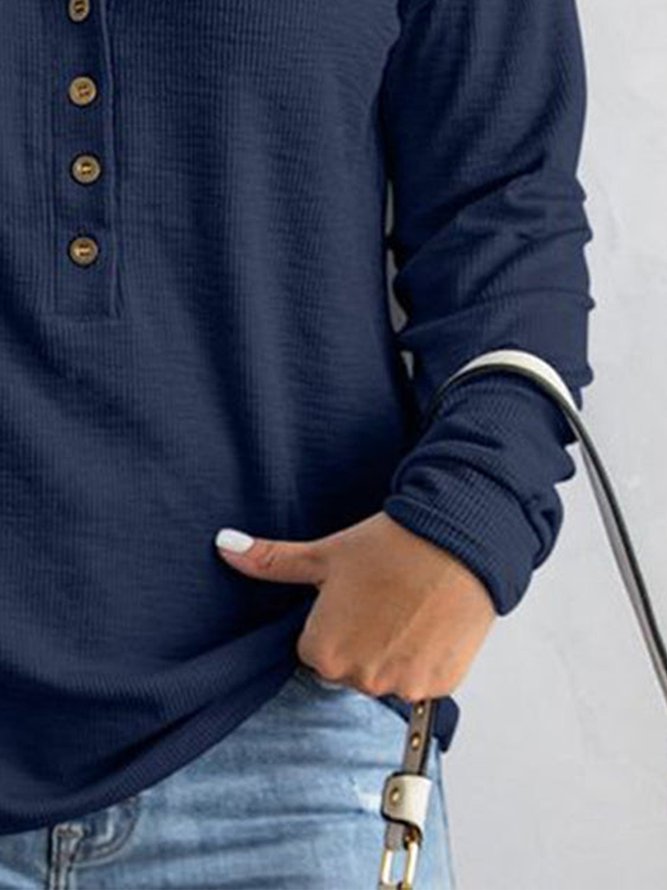 Navy Button Front Long Sleeve Henley Top