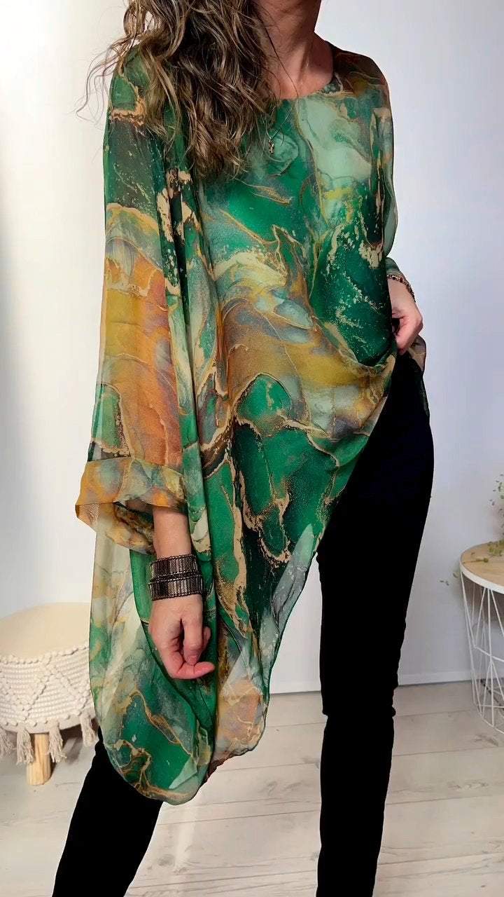 Casual Round Neck Long Printed Top green