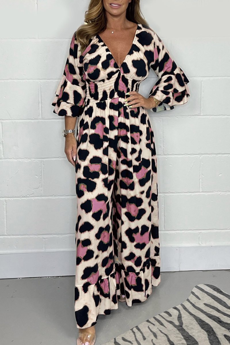 Leopard print V-neck jumpsuit Pink