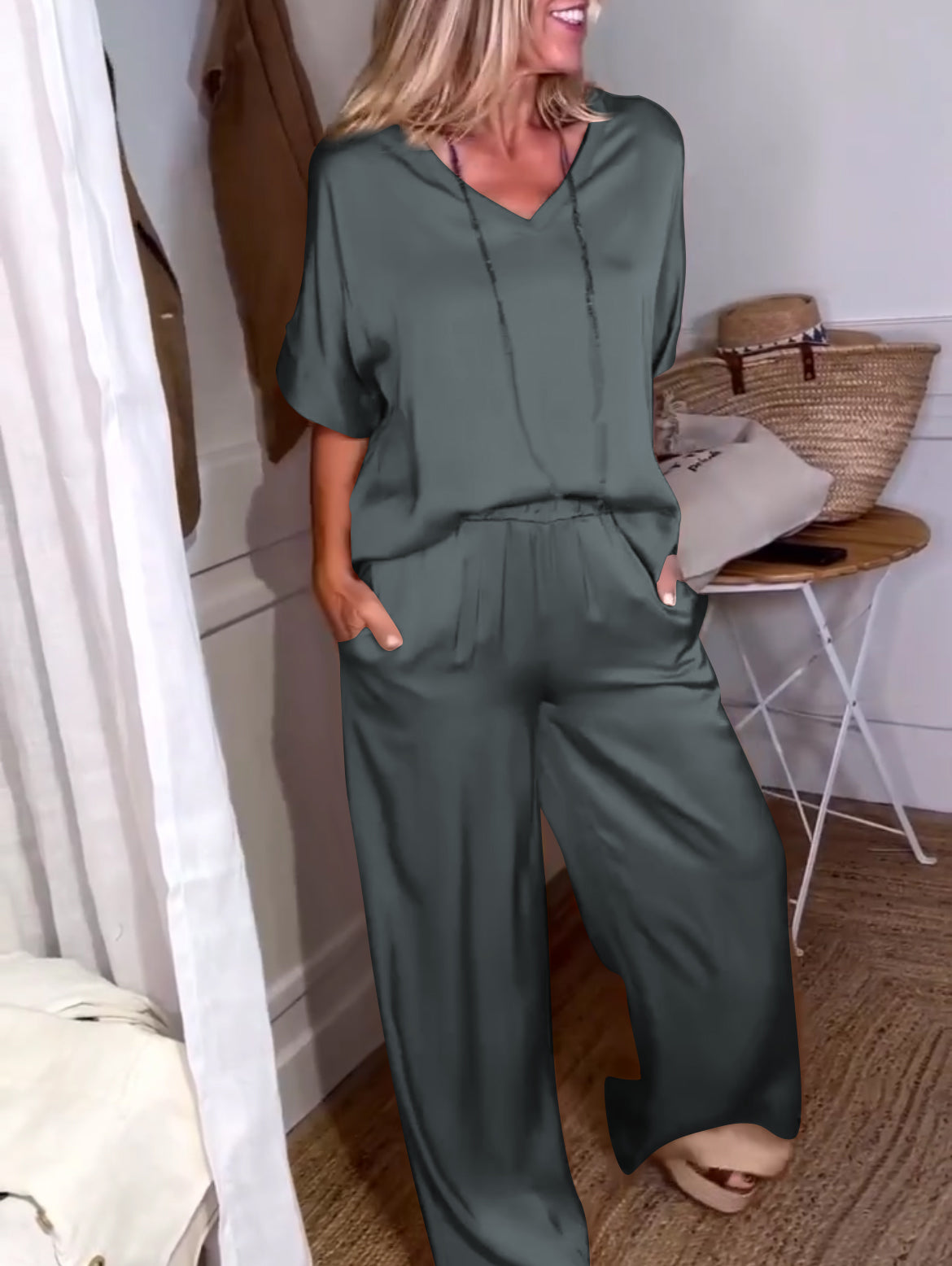 Women's Casual Satin Blouses and Drawstring Pants Two-piece Suits Deep Green