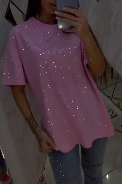 Hot Diamond Solid Color Casual T-shirt Pink