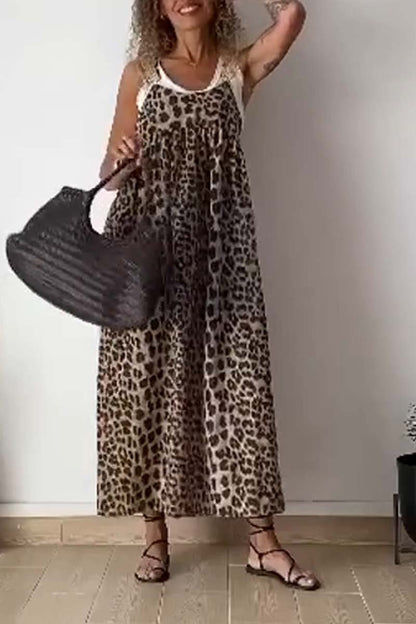 Women's Casual Strap Leopard Print Dress Brown