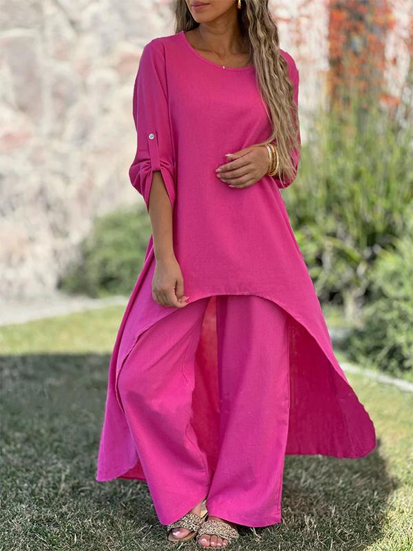 Cotton and Linen Irregular Long-sleeved Wide-leg Pants Two-piece Suit Pink