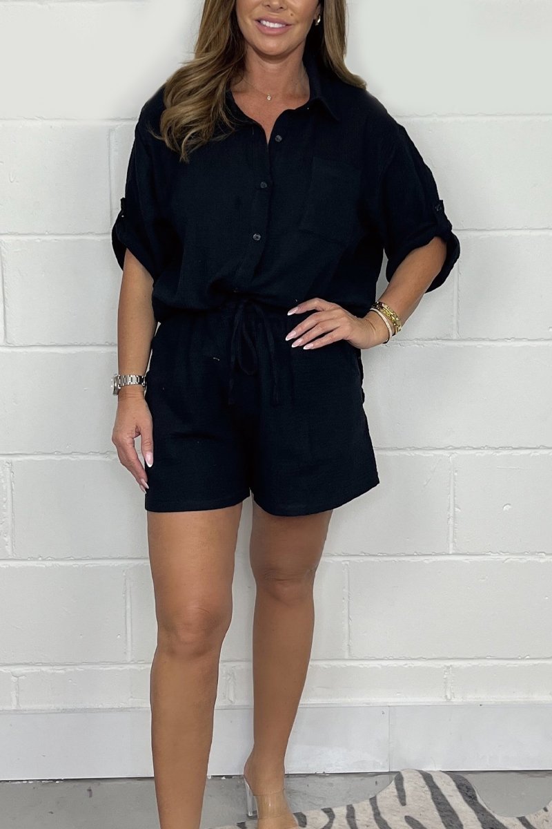 Cheesecloth Shirt & Shorts Co-Ord Black