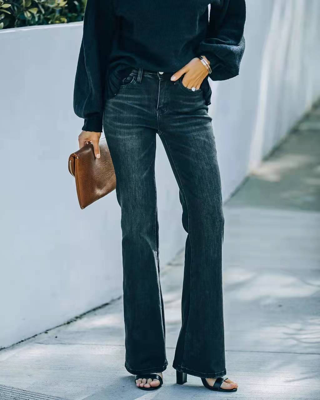 High Waist Stretch Flare Jeans Black