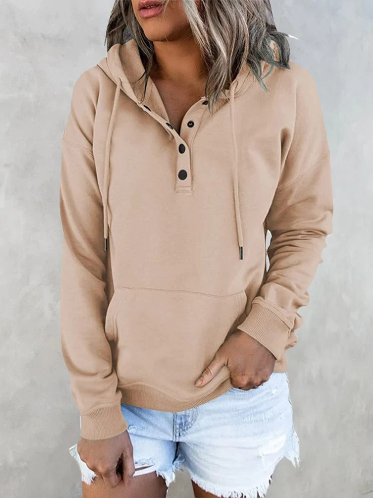 Hotouch Solid Button Front Hoodie with Pocket Khaki