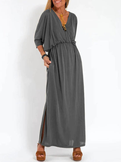 Women's Casual Solid Color V Neck Slit Dress Dark gray