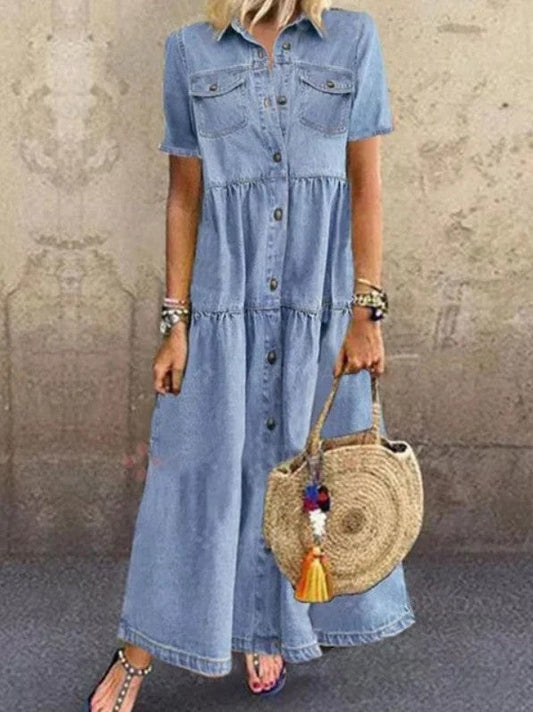 Long Multi Button Distressed Denim Dress wathet