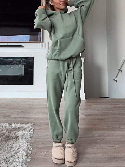 Women's Solid Color Hooded Shorts Sweatshirt & Pants Set with Pockets