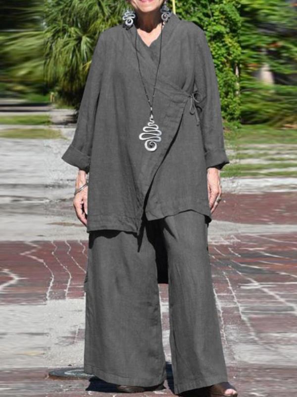 V-neck Casual Loose Long-sleeved Shirt Wide-leg Pants Suit Grey