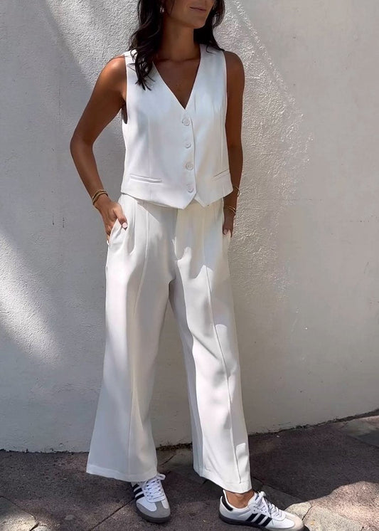 V-neck Single-breasted Vest and Loose Trousers Suit white