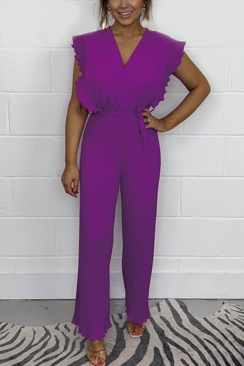 Tie Waist Pleated Leg Jumpsuit Purple