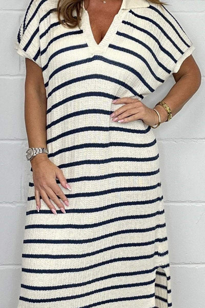 Stripe Knit Midi V Neck Dress