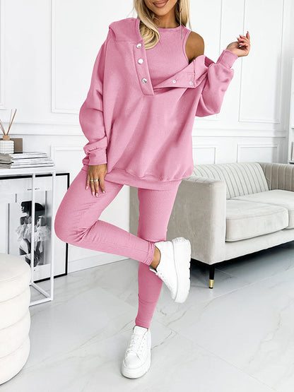 (S-5XL) Plus Size Hooded Casual and Comfortable Sweatshirt Three-piece Suit pink Sweater + Vest + Pants