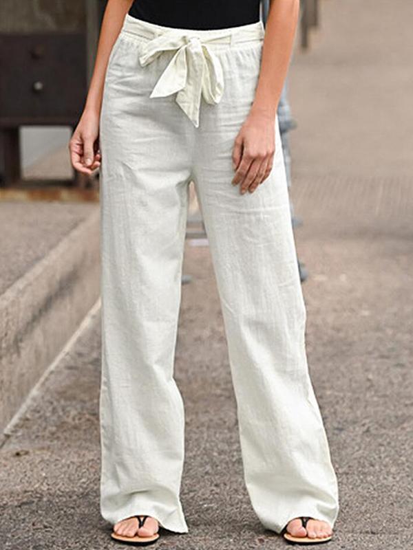 Women's Elastic Waist Cotton and Linen Wide Leg Pants White