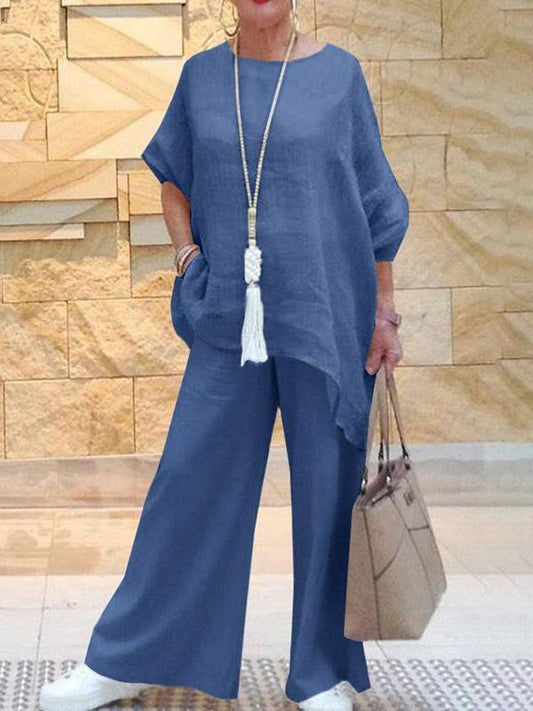 Women's Large Size Asymmetrical Long Sleeve Wide Leg Pants Cotton Linen Two-piece Set Blue