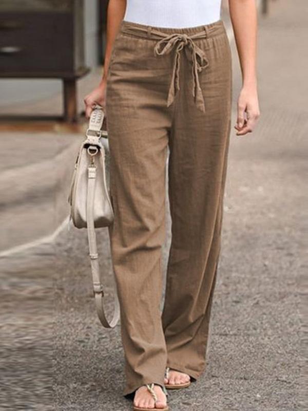 Women's Elastic Waist Cotton and Linen Wide Leg Pants Khaki