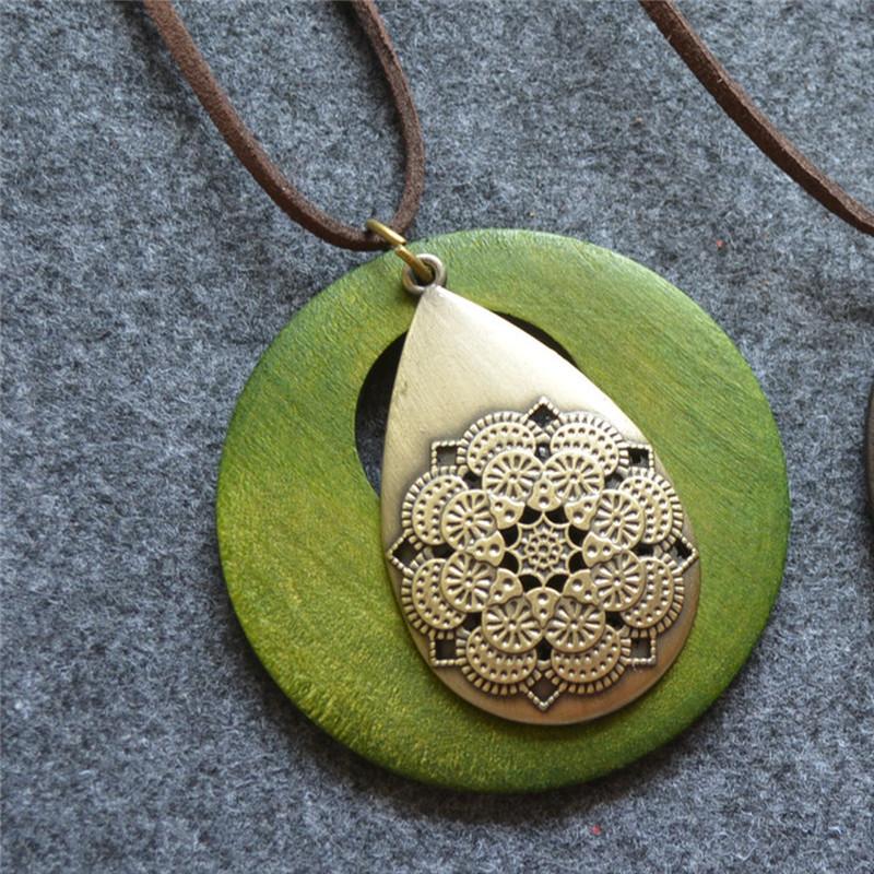 Large Round Wooden Drop Long Necklace RS-026 Green