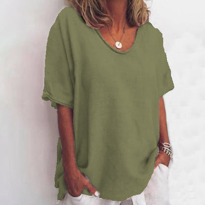 Solid color V-neck short-sleeved plus size women's T-shirt Dark Olive Green