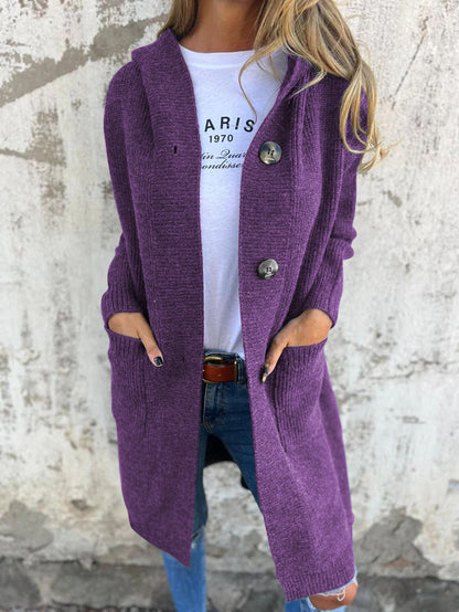 Hooded Knitted Long Cardigan Jacket purple