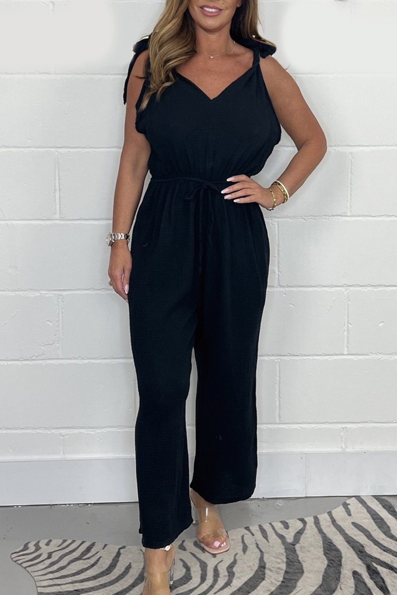 Cheesecloth Tie Shoulder Jumpsuit Black