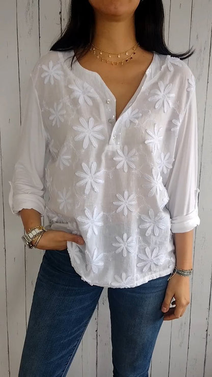 V-neck Mid-sleeve Top with 3D Floral Design